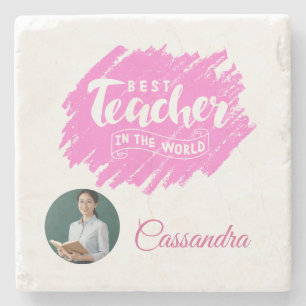 Watercolor Pink Best Teacher in The World Photo Stone Coaster