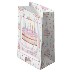 Watercolor Pink Birthday Cake Personalised Small Gift Bag