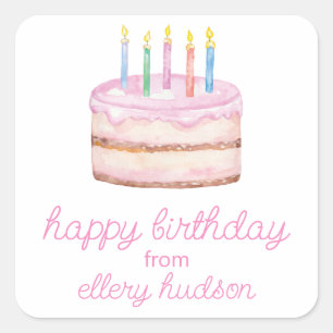 Watercolor Pink Birthday Cake Square Sticker