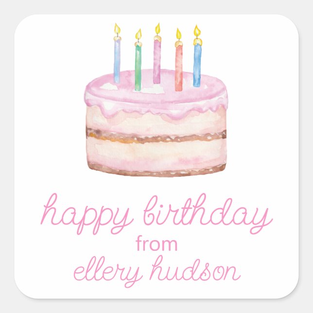 Watercolor Pink Birthday Cake Square Sticker (Front)