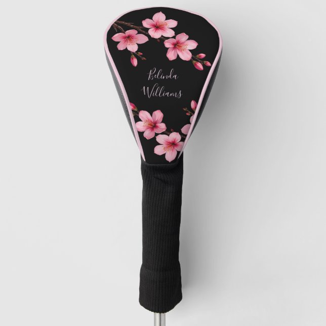 Watercolor Pink Black Cherry Blossom Monogram  Golf Head Cover (Front)