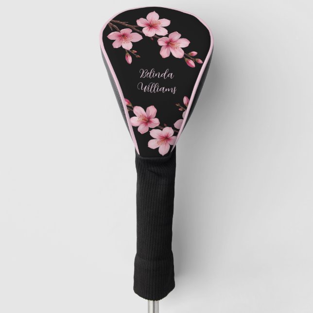 Watercolor Pink Black Cherry Blossom Monogram  Golf Head Cover (Front)