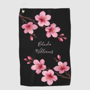 Watercolor Pink Black Cherry Blossom Monogram  Golf Towel