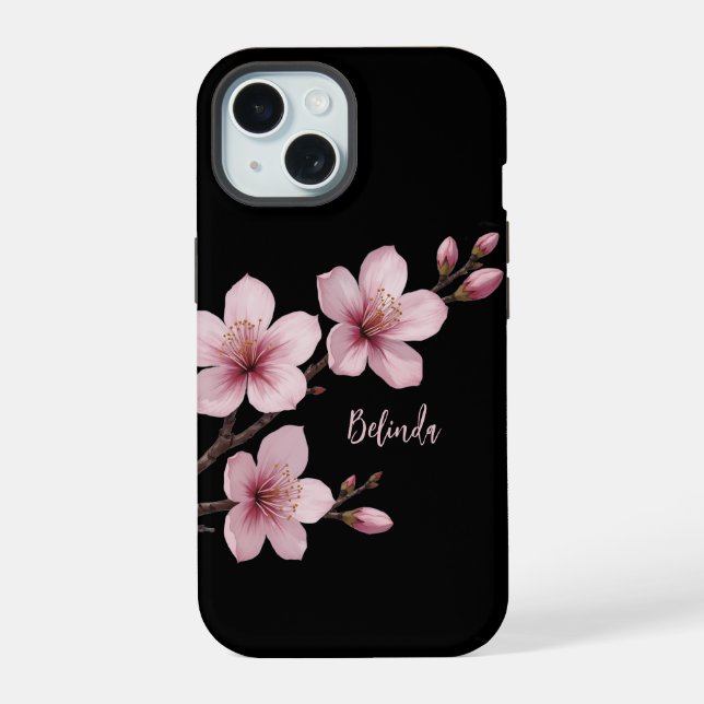 Watercolor Pink Black Cherry Blossom Monogram  iPhone 15 Case (Back)