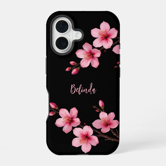 Watercolor Pink Black Cherry Blossom Monogram  iPhone 16 Case (Back)