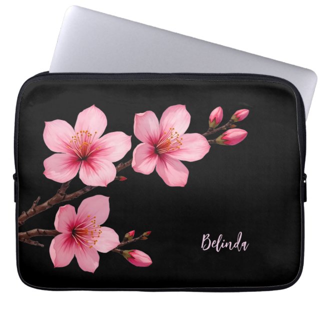 Watercolor Pink Black Cherry Blossom Monogram  Laptop Sleeve (Front)