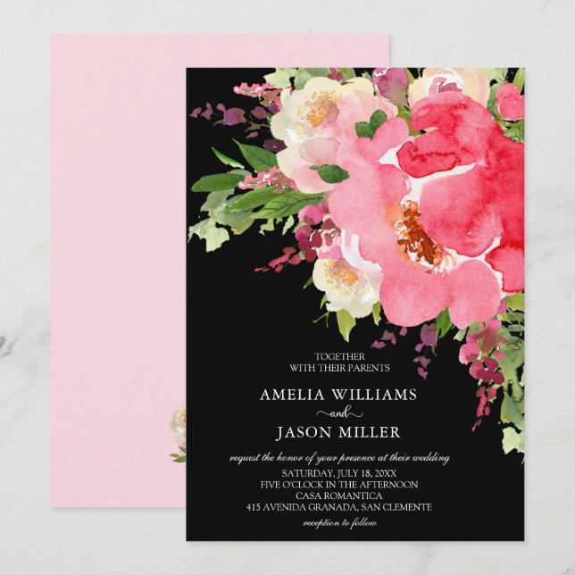 Watercolor Pink Black Floral Wedding Invitations (Front/Back)