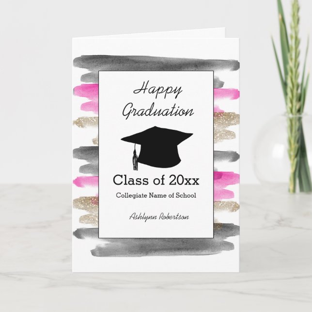 Watercolor Pink Black Gold Glitter Graduation Card (Front)