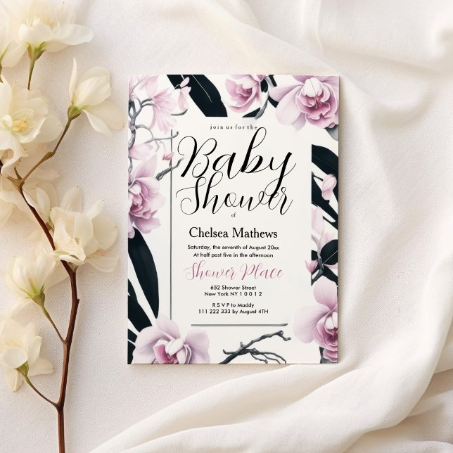 Watercolor pink black orchid flower Baby Shower  Invitation (Watercolor pink black orchid flower Baby Shower)