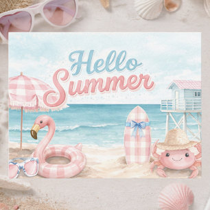 Watercolor Pink Blue Beach Hello Summer Postcard