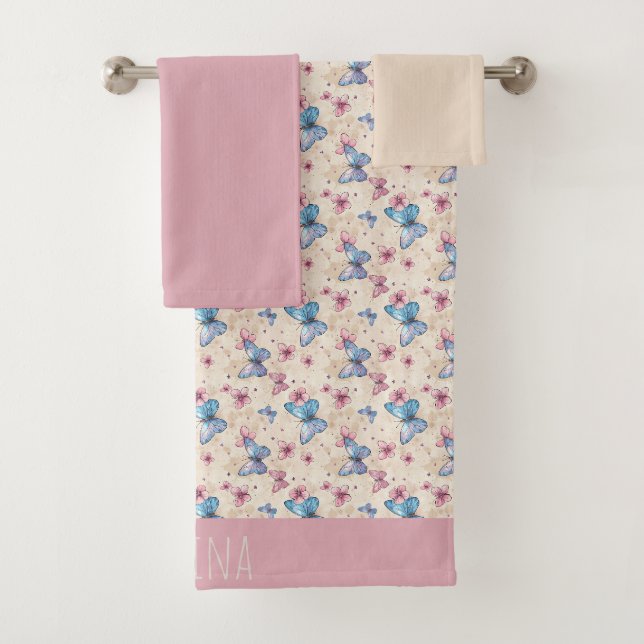 Watercolor pink blue Butterfly pattern name  Bath Towel Set (Insitu)