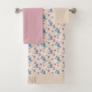 Watercolor pink blue Butterfly pattern name Bath Towel Set
