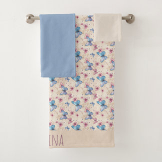Watercolor pink blue Butterfly pattern name Bath Towel Set