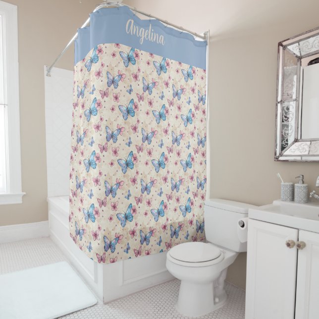 Watercolor pink blue Butterfly pattern name  Shower Curtain (In Situ)