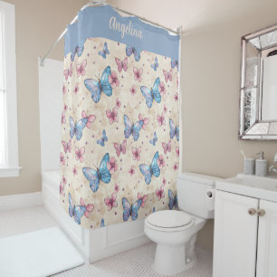 Watercolor pink blue Butterfly pattern name Shower Curtain