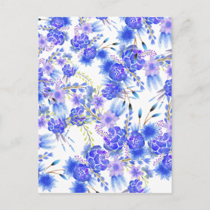 Watercolor pink blue elegant flowers pattern postcard