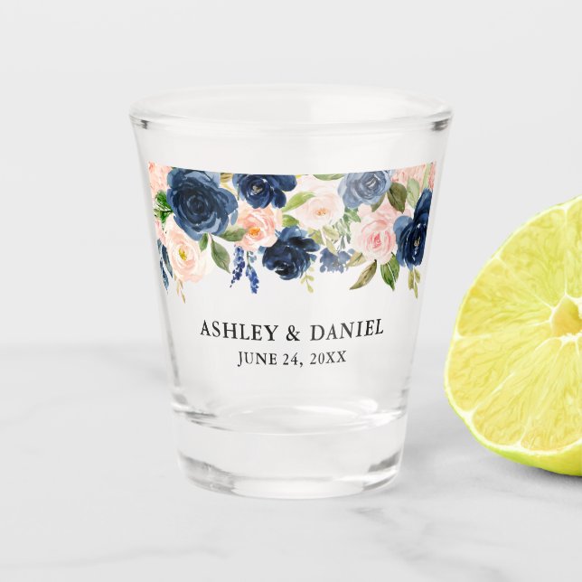 Watercolor Pink Blue Floral Wedding Shot Glass (Front)