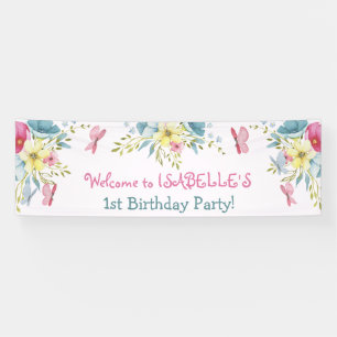 Watercolor Pink Blue  Florals Butterflies Birthday Banner