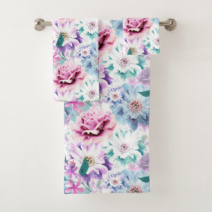 Watercolor pink, blue flowers. bath towel set