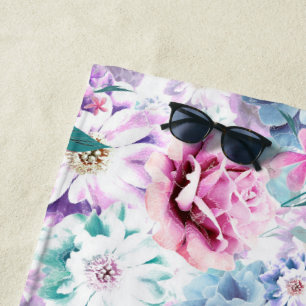 Watercolor pink, blue flowers. beach towel