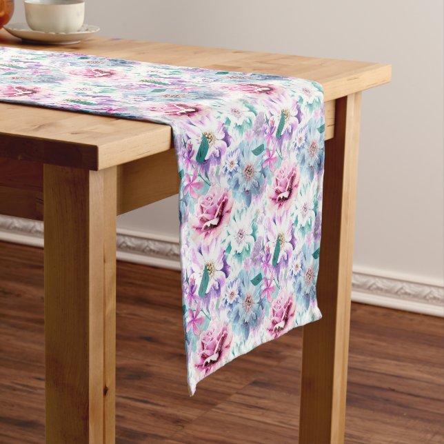 Watercolor pink, blue flowers.  short table runner (In Situ)