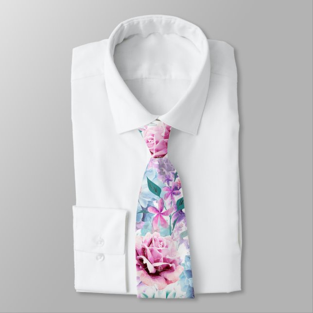 Watercolor pink, blue flowers.  tie (Tied)