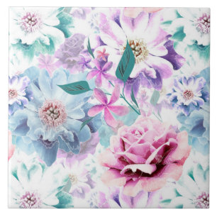 Watercolor pink, blue flowers.  tile