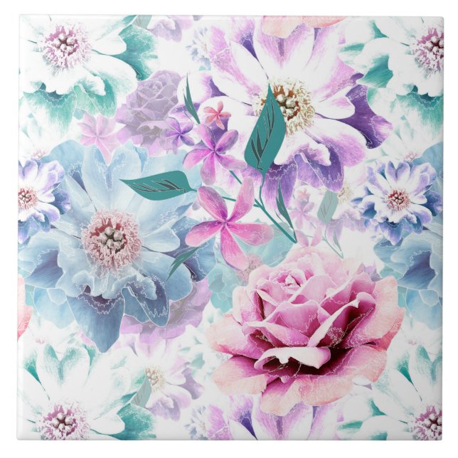 Watercolor pink, blue flowers.  tile (Front)