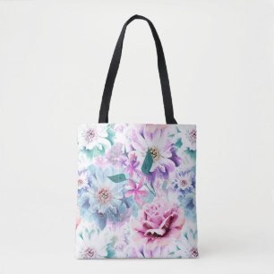 Watercolor pink, blue flowers. tote bag