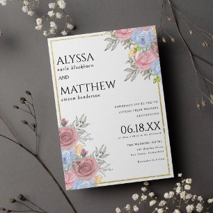 Watercolor pink blue gold country floral wedding  invitation