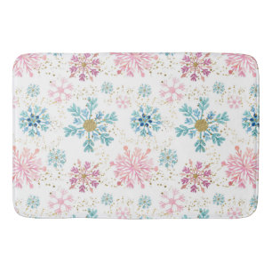 Watercolor Pink, Blue & Gold Winter Snowflakes Bath Mat