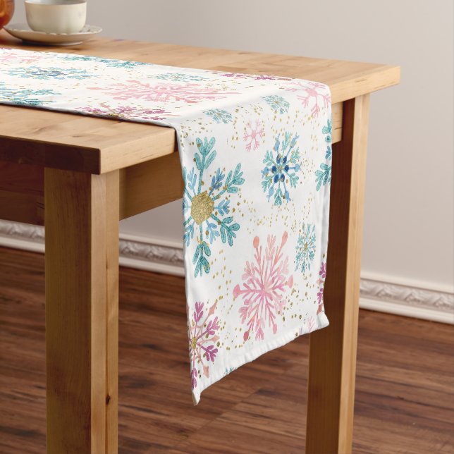 Watercolor Pink, Blue & Gold Winter Snowflakes Short Table Runner (In Situ)