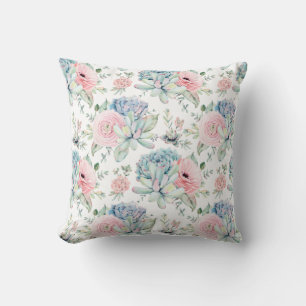 Watercolor Pink Blue Green Succulents Greenery Cushion