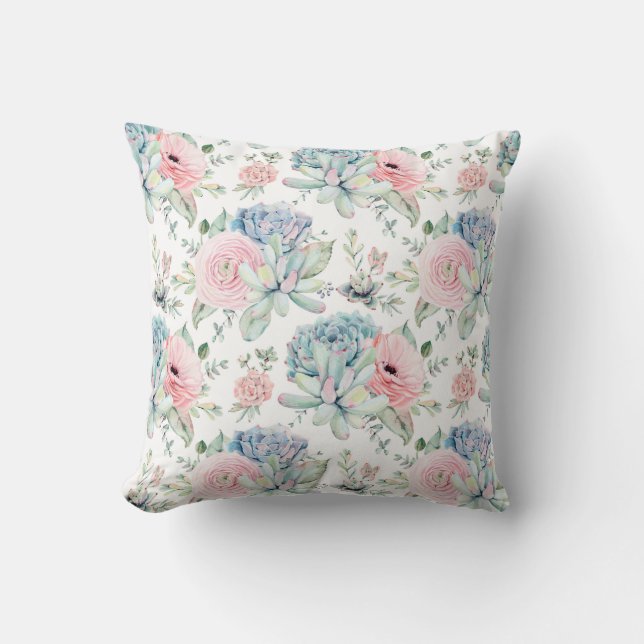 Watercolor Pink Blue Green Succulents Greenery | Cushion (Front)
