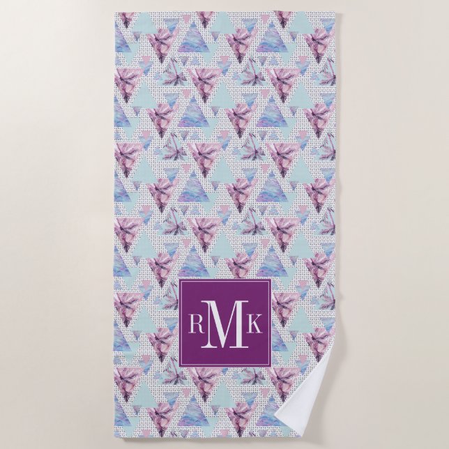 Watercolor Pink & Blue Palm Tree Pattern Beach Towel (Front)