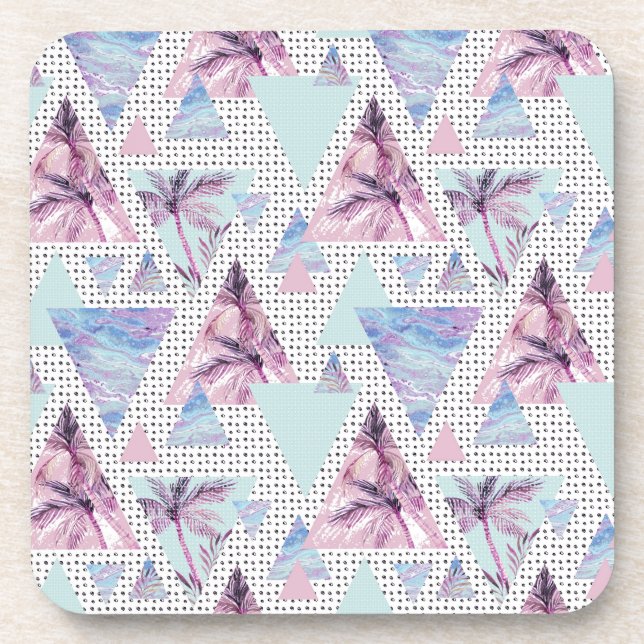 Watercolor Pink & Blue Palm Tree Pattern Coaster (Front)
