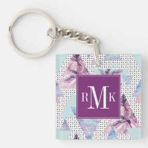 Watercolor Pink & Blue Palm Tree Pattern Key Ring