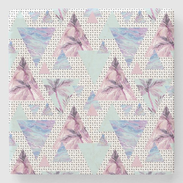 Watercolor Pink & Blue Palm Tree Pattern Stone Coaster (Front)
