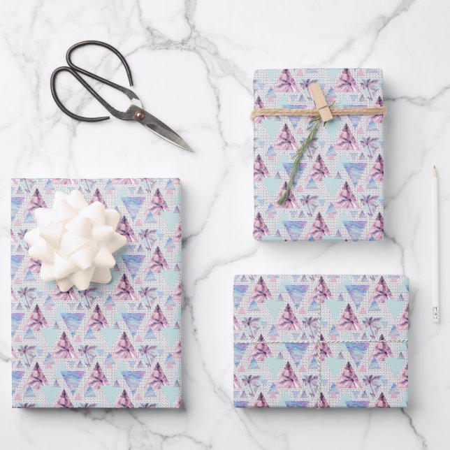 Watercolor Pink & Blue Palm Tree Pattern Wrapping Paper Sheet (Front)