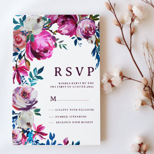 Watercolor pink blue purple white floral RSVP Invitation
