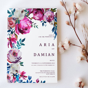 Watercolor pink blue purple white floral Wedding Invitation
