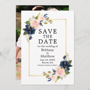 Watercolor Pink Blue Roses Photo Gold Frame Save The Date