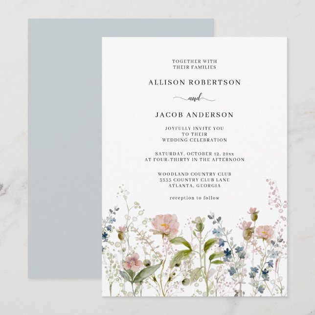 Watercolor Pink Blue Wildflower Floral Wedding Invitation (Front/Back)
