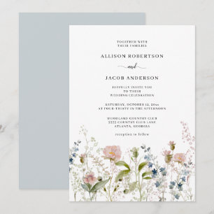 Watercolor Pink Blue Wildflower Floral Wedding Invitation