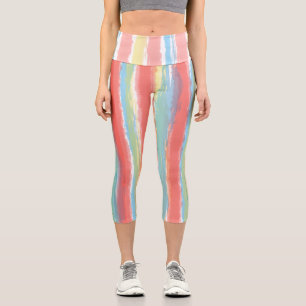 Watercolor Pink Blue Yellow Vertical Stripes Capri Leggings
