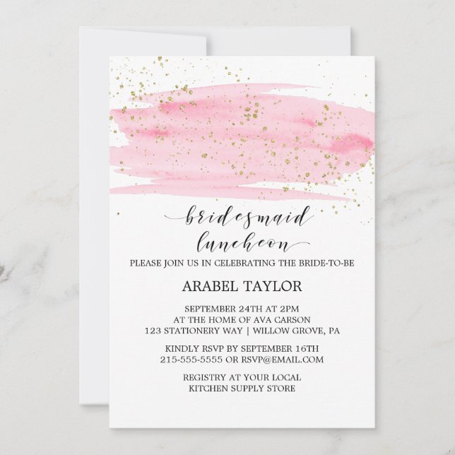 Watercolor Pink Blush and Gold Bridesmaid Luncheon Invitation (Front)