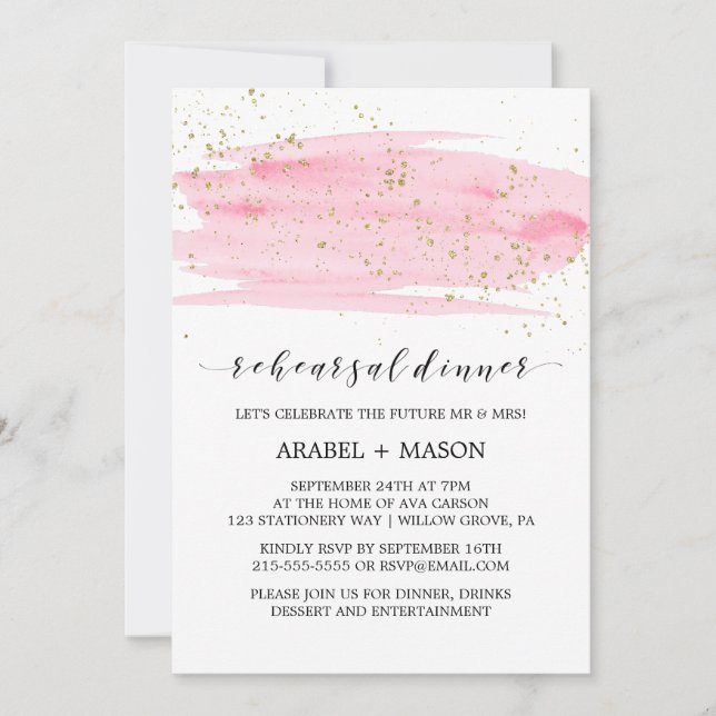 Watercolor Pink Blush and Gold Rehearsal Dinner Invitation (Front)