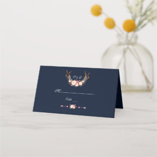 Watercolor Pink Blush Floral Antlers Navy Wedding Place Card