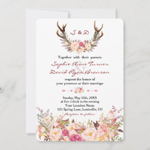Watercolor Pink Blush Floral Antlers Wedding Invitation