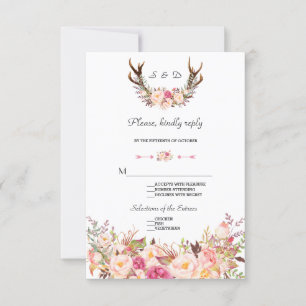Watercolor Pink Blush Floral Antlers Wedding RSVP Card